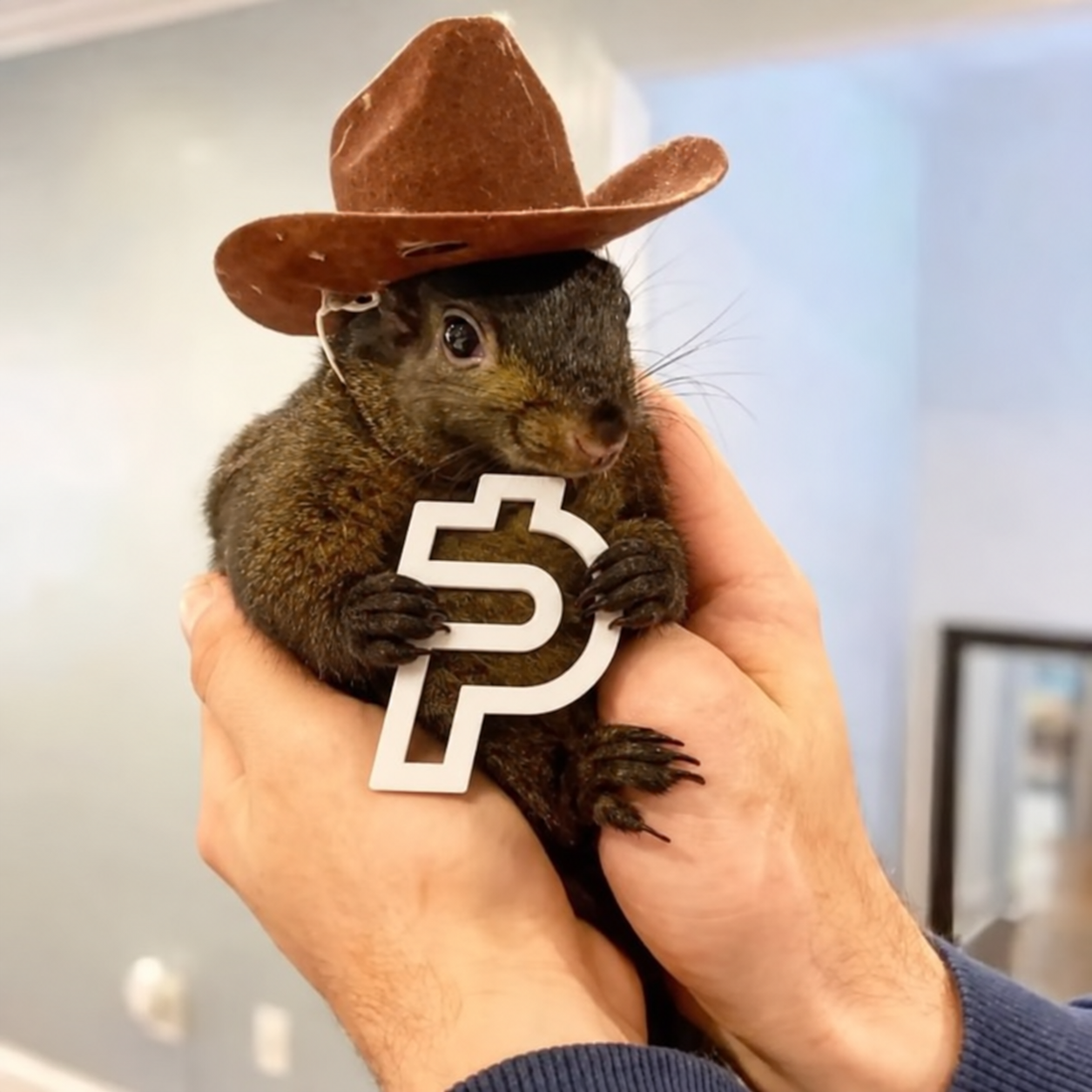 Squirrel wearing a cowboy hat and holding a P symbol